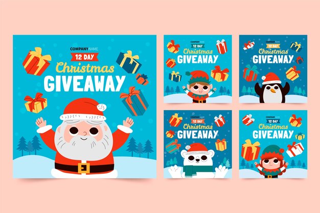 Colección de publicaciones de instagram de sorteo navideño plano dibujado a mano
