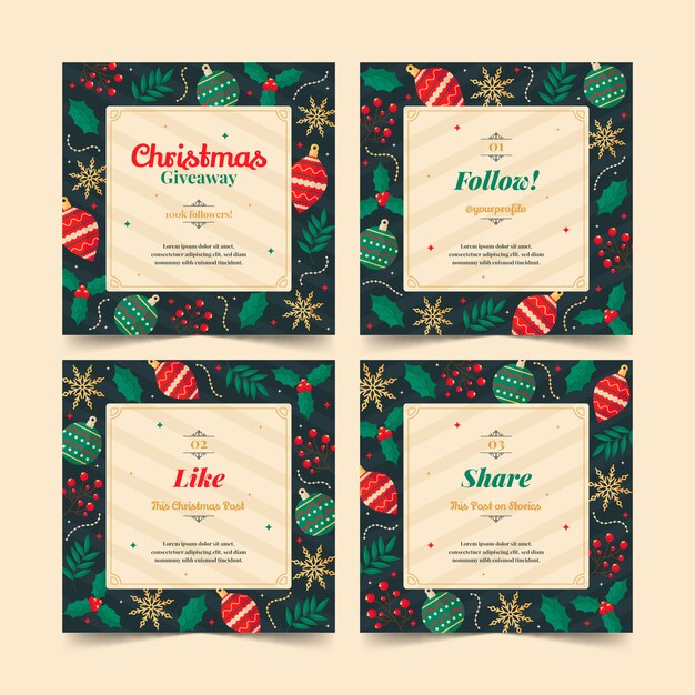 Colección de publicaciones de instagram de sorteo navideño plano dibujado a mano