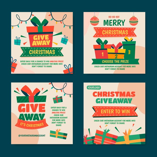Colección de publicaciones de instagram de sorteo navideño plano dibujado a mano