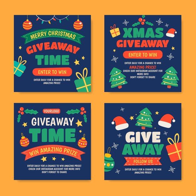 Colección de publicaciones de instagram de sorteo navideño plano dibujado a mano