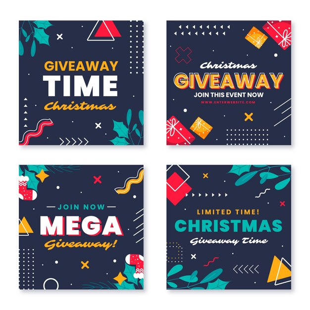 Colección de publicaciones de instagram de sorteo navideño plano dibujado a mano