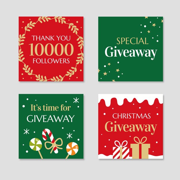 Colección de publicaciones de instagram de sorteo navideño plano dibujado a mano