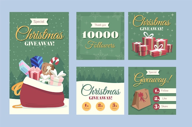 Vector gratuito colección de publicaciones de instagram de sorteo navideño plano dibujado a mano