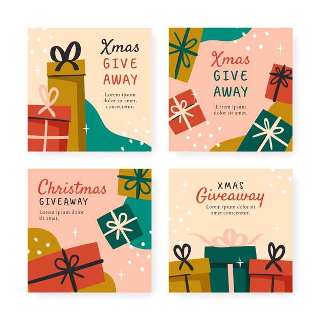 Colección de publicaciones de instagram de sorteo navideño plano dibujado a mano