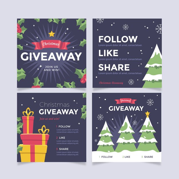 Colección de publicaciones de instagram de sorteo navideño plano dibujado a mano