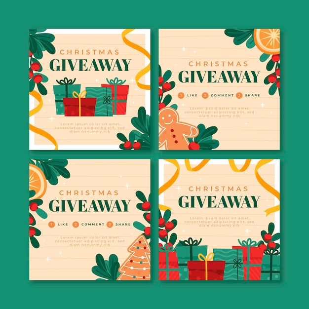 Vector gratuito colección de publicaciones de instagram de sorteo navideño plano dibujado a mano