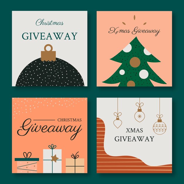 Colección de publicaciones de instagram de sorteo navideño plano dibujado a mano