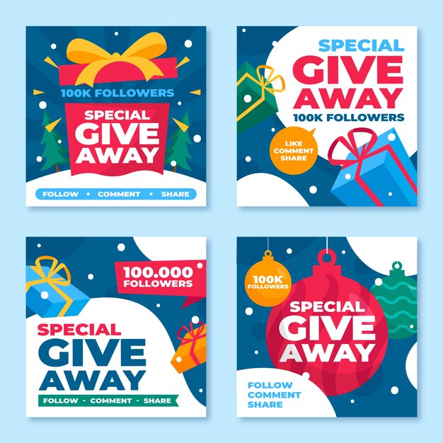 Colección de publicaciones de instagram de sorteo navideño plano dibujado a mano