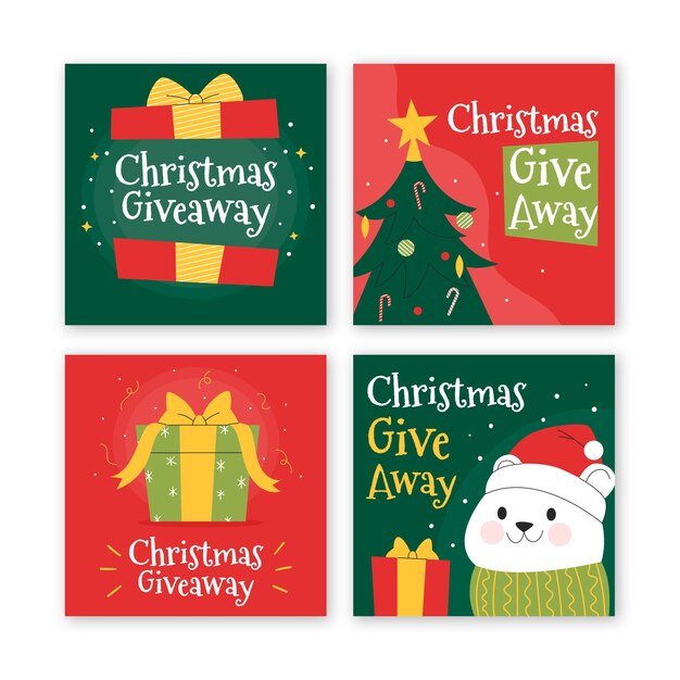 Colección de publicaciones de instagram de sorteo navideño plano dibujado a mano