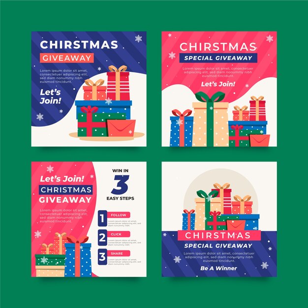 Colección de publicaciones de instagram de sorteo navideño plano dibujado a mano