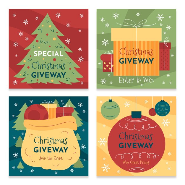 Colección de publicaciones de instagram de sorteo navideño plano dibujado a mano