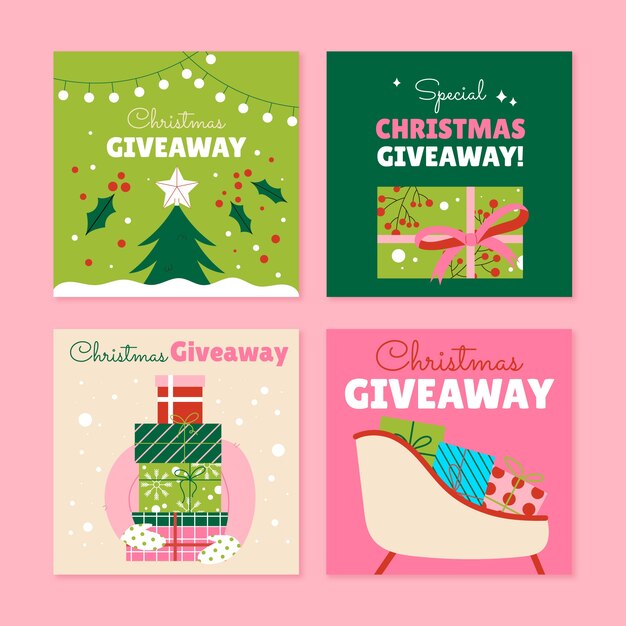Colección de publicaciones de instagram de sorteo navideño plano dibujado a mano