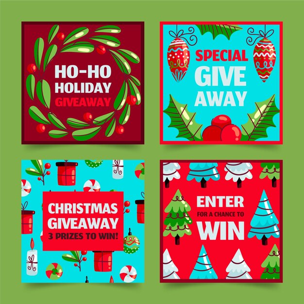 Colección de publicaciones de instagram de sorteo navideño plano dibujado a mano