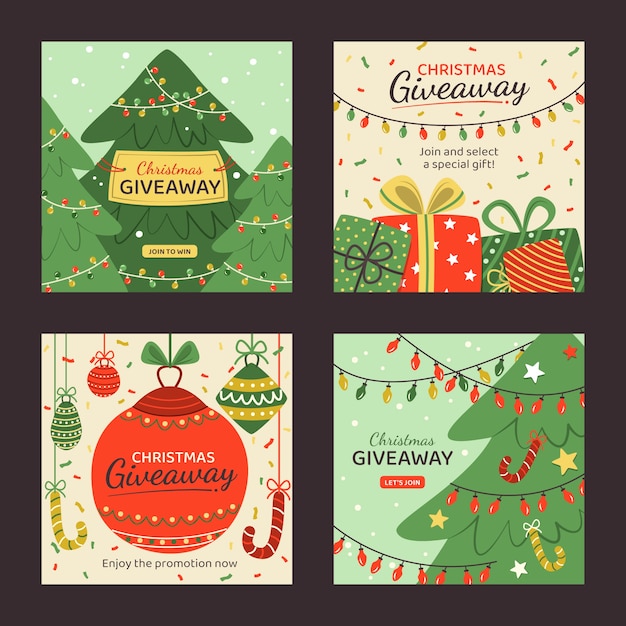 Colección de publicaciones de instagram de sorteo navideño plano dibujado a mano