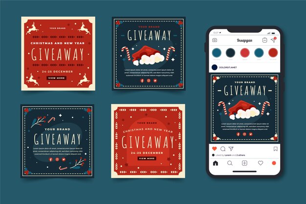 Colección de publicaciones de instagram de sorteo navideño plano