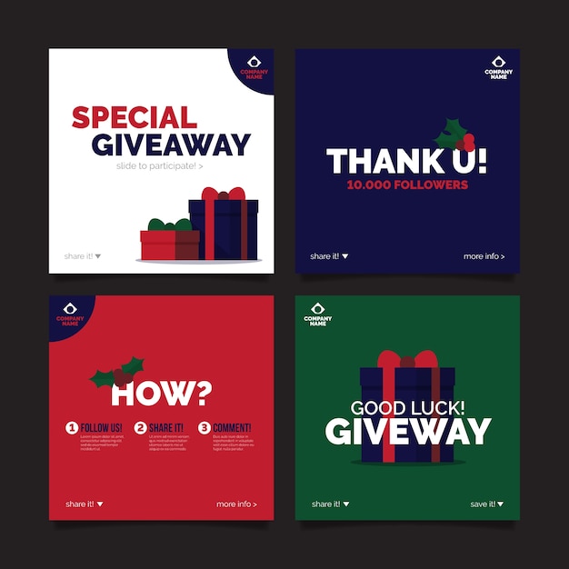 Vector gratuito colección de publicaciones de instagram de sorteo navideño plano