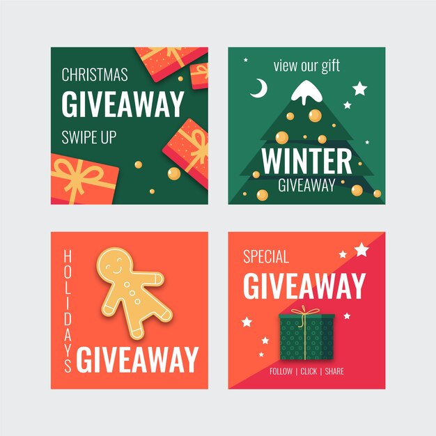 Colección de publicaciones de instagram de sorteo navideño plano