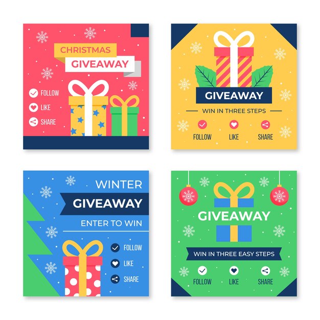 Colección de publicaciones de instagram de sorteo navideño plano