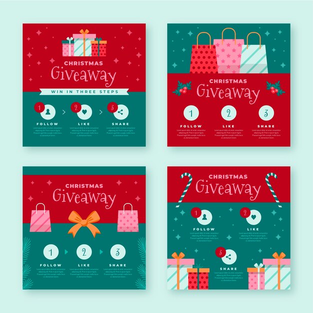 Colección de publicaciones de instagram de sorteo navideño plano