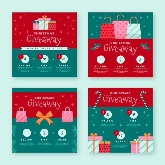 Colección de publicaciones de instagram de sorteo navideño plano