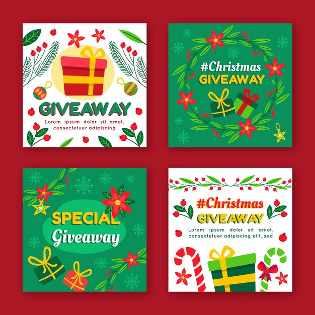Colección de publicaciones de instagram de sorteo navideño plano