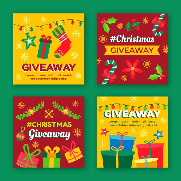 Colección de publicaciones de instagram de sorteo navideño plano