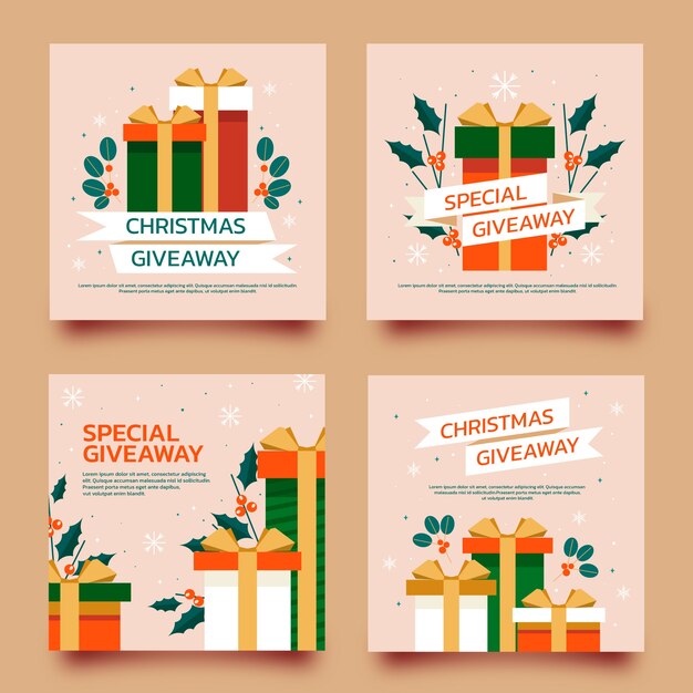 Colección de publicaciones de instagram de sorteo navideño plano