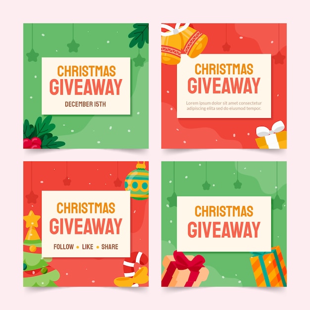 Vector gratuito colección de publicaciones de instagram de sorteo navideño plano