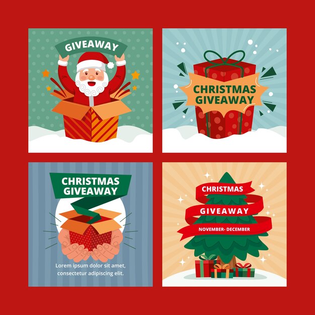 Vector gratuito colección de publicaciones de instagram de sorteo navideño plano