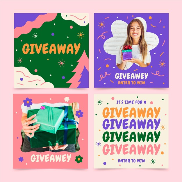 Colección de publicaciones de instagram de sorteo navideño plano