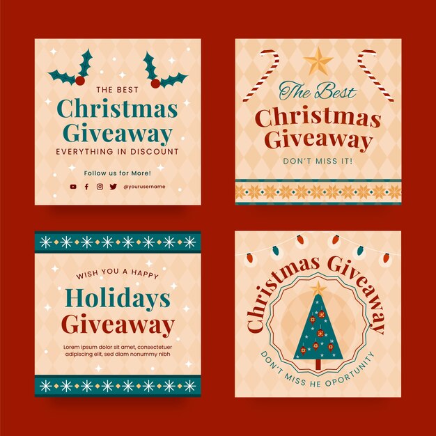 Colección de publicaciones de instagram de sorteo navideño plano