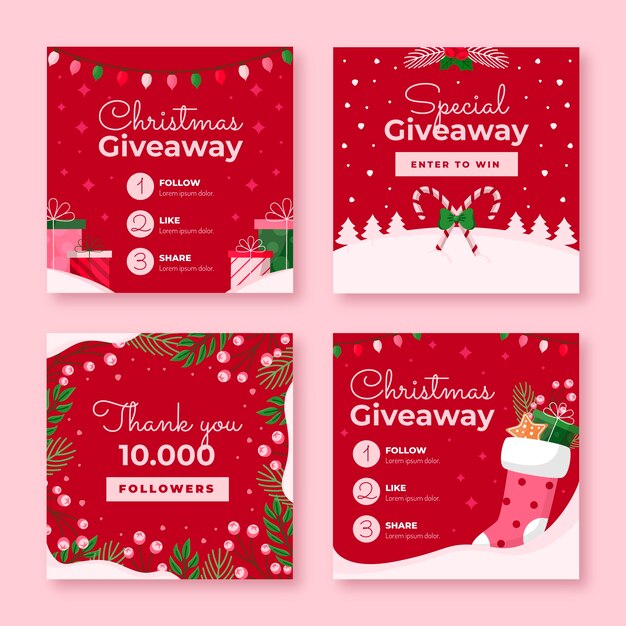 Colección de publicaciones de instagram de sorteo navideño plano