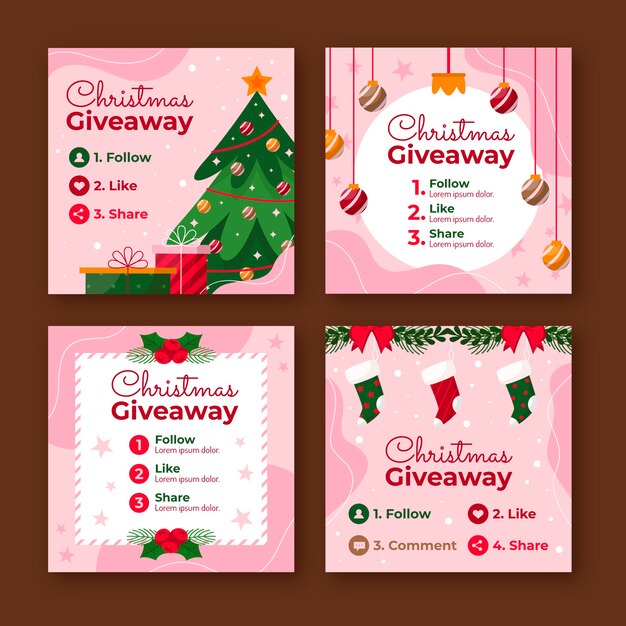 Colección de publicaciones de instagram de sorteo navideño plano
