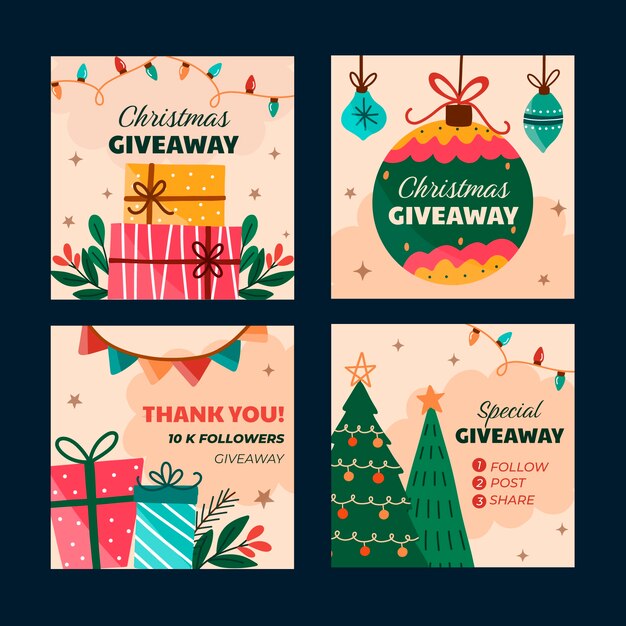 Colección de publicaciones de instagram de sorteo navideño plano