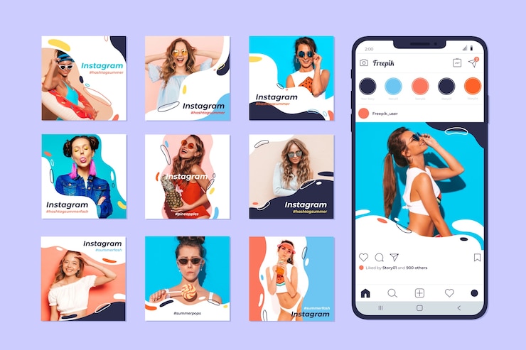 Vector gratuito colección de publicaciones de instagram en teléfono móvil