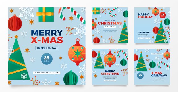 Colección de publicaciones de instagram de temporada navideña estilo papel