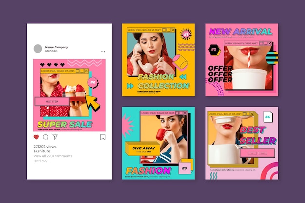 Vector gratuito colección de publicaciones de instagram de vaporwave lineal