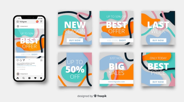 Vector gratuito colección de publicaciones de instagram de venta abstracta colorida