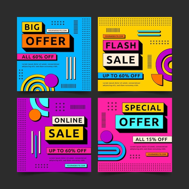 Vector gratuito colección de publicaciones de instagram de venta colorida de diseño plano