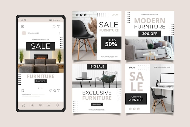 Vector gratuito colección de publicaciones de instagram de venta de muebles planos orgánicos