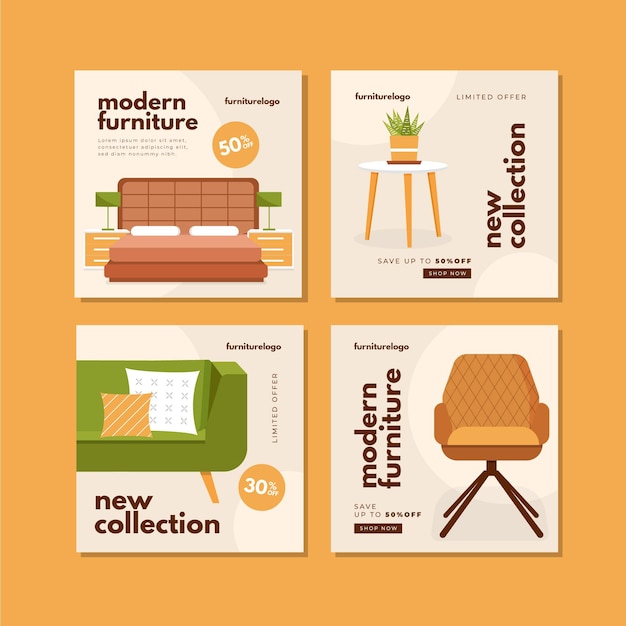 Vector gratuito colección de publicaciones de instagram de venta de muebles planos