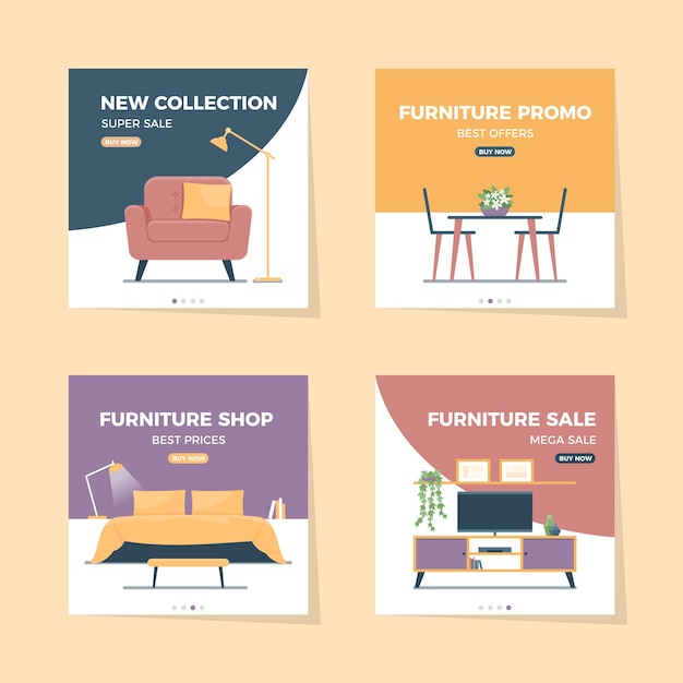 Vector gratuito colección de publicaciones de instagram de venta de muebles planos