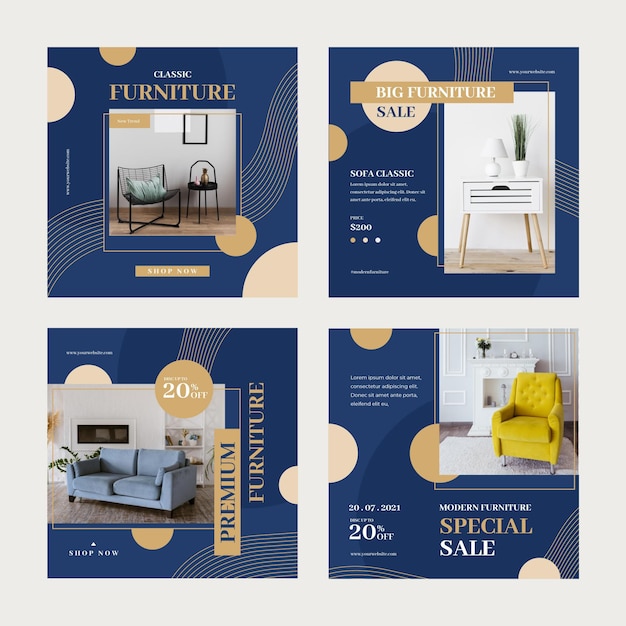 Vector gratuito colección de publicaciones de instagram de venta de muebles planos