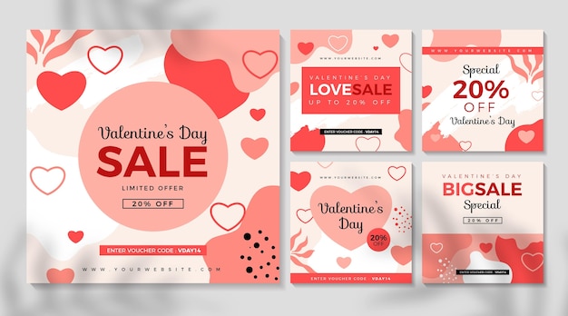 Vector gratuito colección de publicaciones de instagram de venta de san valentín