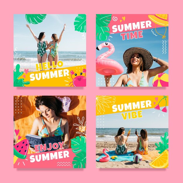 Colección de publicaciones de instagram de verano dibujadas a mano con foto