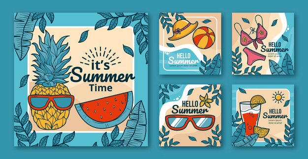 Colección de publicaciones de instagram de verano dibujadas a mano