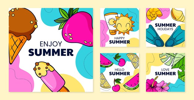 Colección de publicaciones de instagram de verano dibujadas a mano