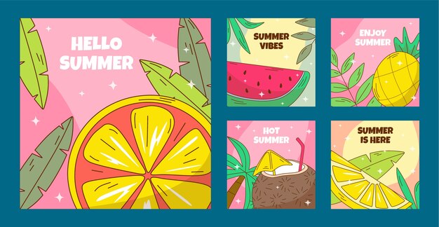 Colección de publicaciones de instagram de verano dibujadas a mano