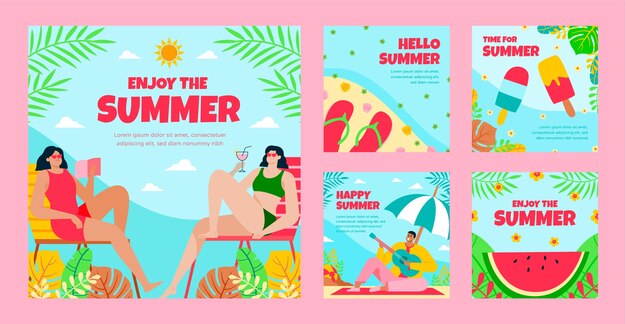 Colección de publicaciones de instagram de verano dibujadas a mano
