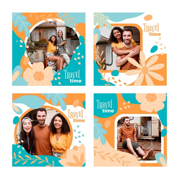 Colección de publicaciones de instagram de viajes dibujadas a mano